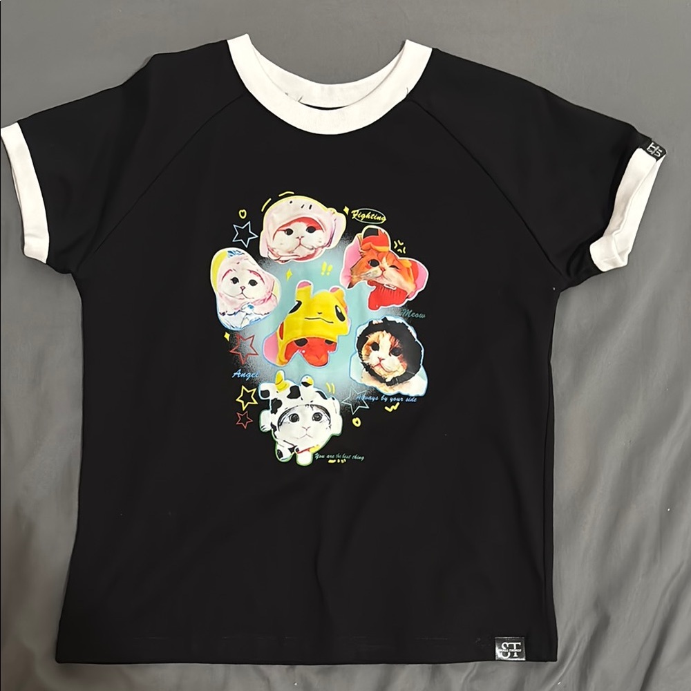 Black Short Sleeve Tee with White Collar and Colorful Graphic